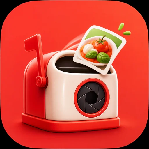 Fling app icon — a red mailbox with a camera lens