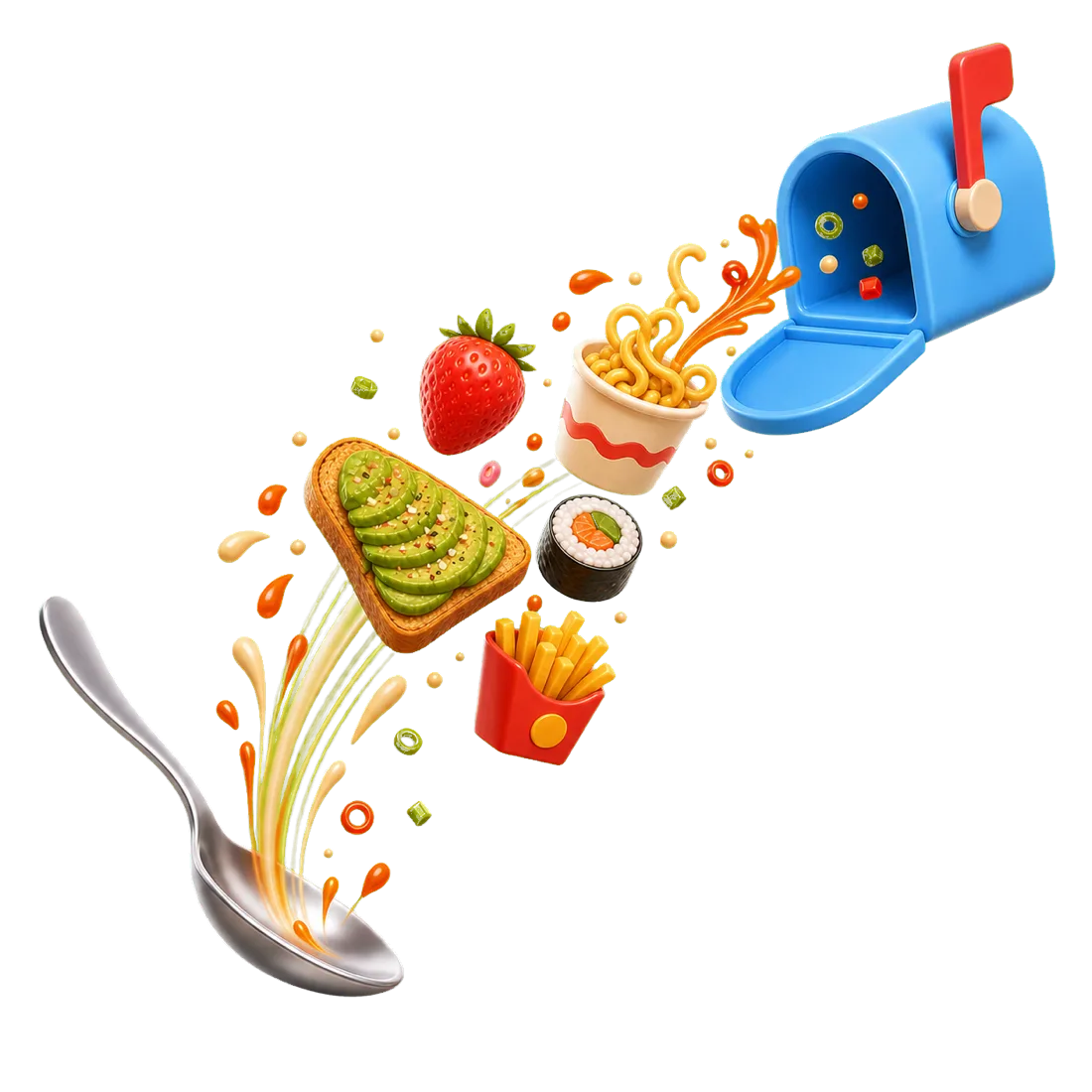 A blue mailbox flinging strawberries, noodles, avocado toast, sushi and fries into the air