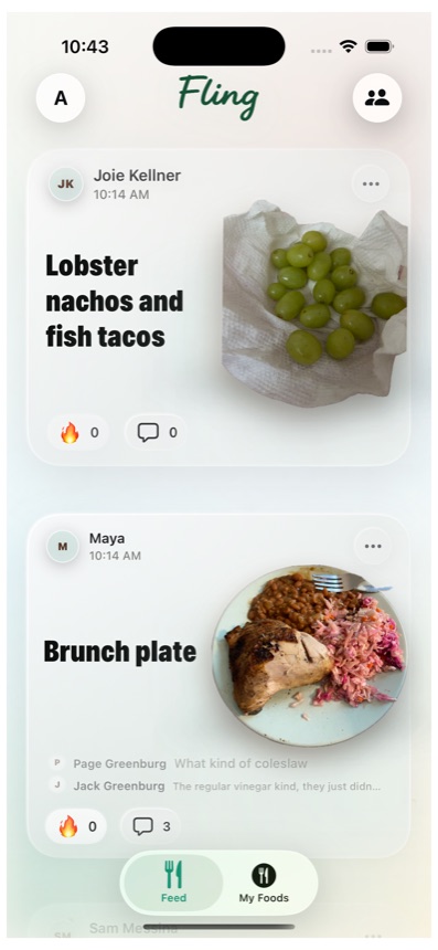 The Fling feed showing food posts from friends with reactions and comments