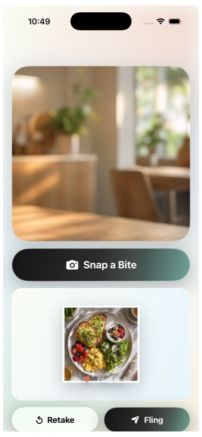 The Fling camera expanding from the Dynamic Island with a Snap a Bite button